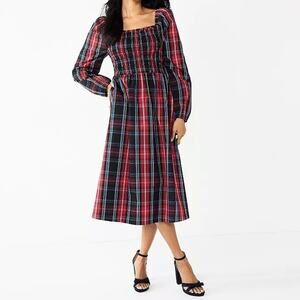 Draper James RSVP Smocked Midi Dress XS Black Tartan Plaid Holiday Christmas